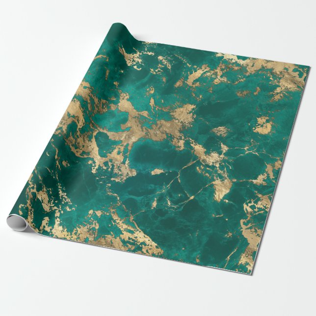 Elegante dunkle Aquamarine grüne goldene Marmorkul Geschenkpapier (Ungerollt)