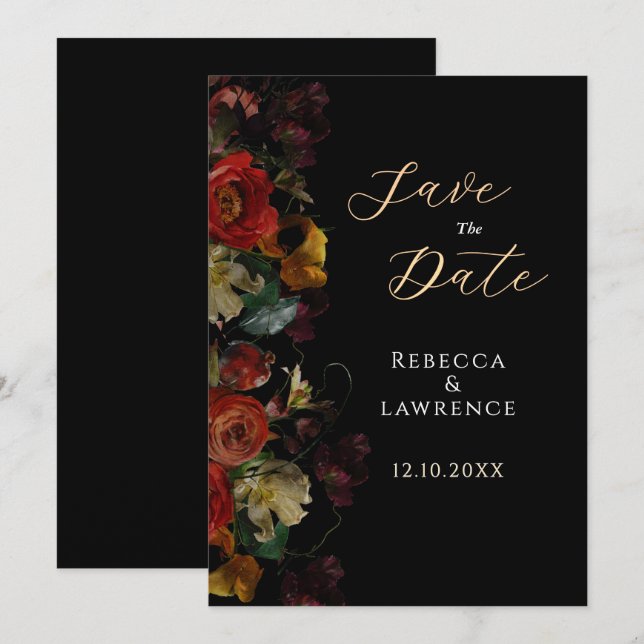 Elegante, dunkle Blume Hochzeit Save The Date (Vorne/Hinten)