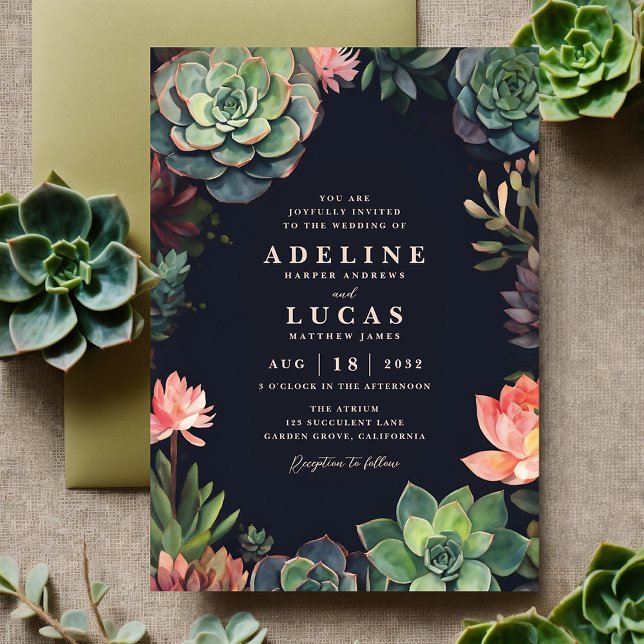Elegante dunkle botanische Pflanze Einladung (Dark botanical succulent plant boho wedding invitation suite, moody black, green and peach invite)