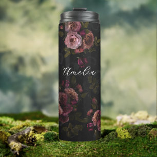 Elegante dunkle rosa-burgunderrote botanische Kuns Thermosbecher