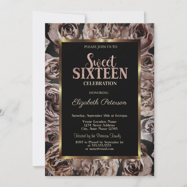 Elegante dunkle Rose Schwarzer Sweet 16 Einladung (Vorderseite)