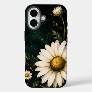 Elegante Dunkle Smaragd-Daisy-Blumenmuster Gold iPhone 16 Hülle