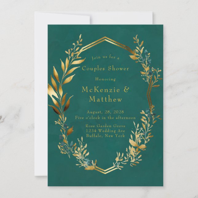 Elegante Dusche für Aquamarine und goldene Blumenp Einladung (Vorderseite)
