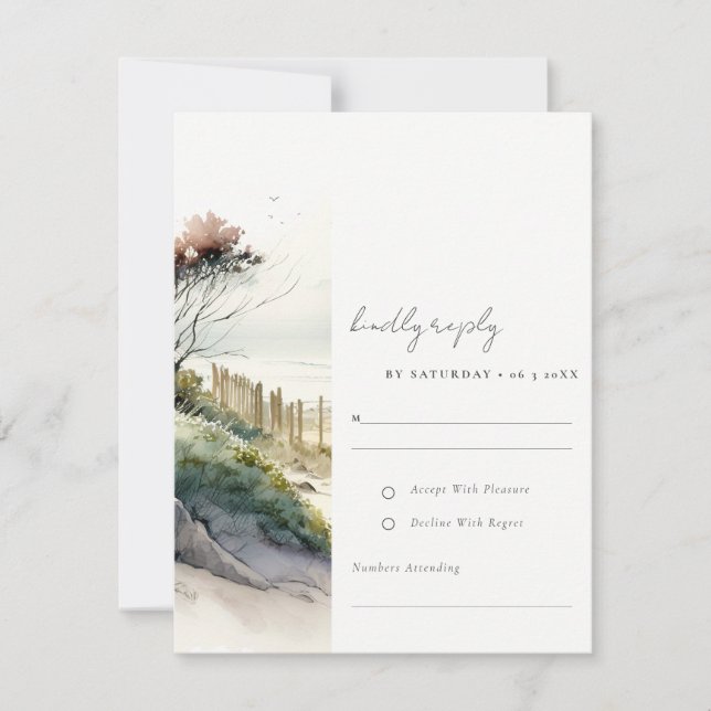Elegante duskische Küste Sandstrand Hochzeit RSVP Karte (Vorderseite)