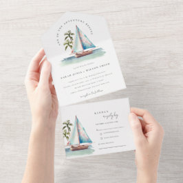 Elegante Dusky Aquamarin Sailboat Palm Seascape We All In One Einladung