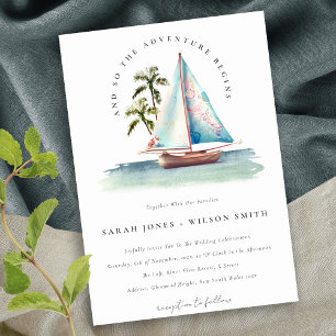 Elegante Dusky Aquamarin Sailboat Palm Seascape We Einladung
