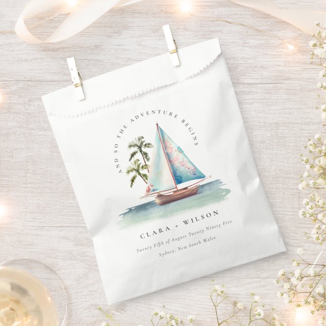 Elegante Dusky Aquamarin Sailboat Palm Seascape We Geschenktütchen (Ausgeschnitten)