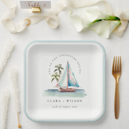 Elegante Dusky Aquamarin Sailboat Palm Seascape We Pappteller