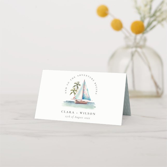 Elegante Dusky Aquamarin Sailboat Palm Seascape We Platzkarte (Vorderseite)