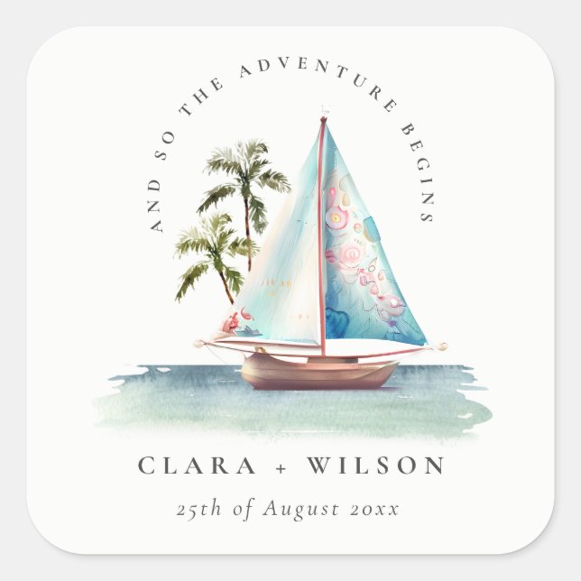 Elegante Dusky Aquamarin Sailboat Palm Seascape We Quadratischer Aufkleber (Vorderseite)