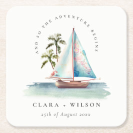 Elegante Dusky Aquamarin Sailboat Palm Seascape We Rechteckiger Pappuntersetzer