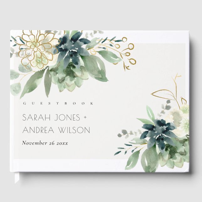 Elegante dusky Blue Green Succulent Foliage Weddin Gästebuch (Vorderseite)