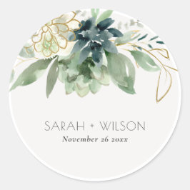 Elegante dusky Blue Green Succulent Foliage Weddin Runder Aufkleber