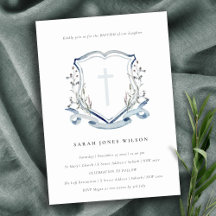Elegante dusky Blue Wildblume Cross Wappen Taufe