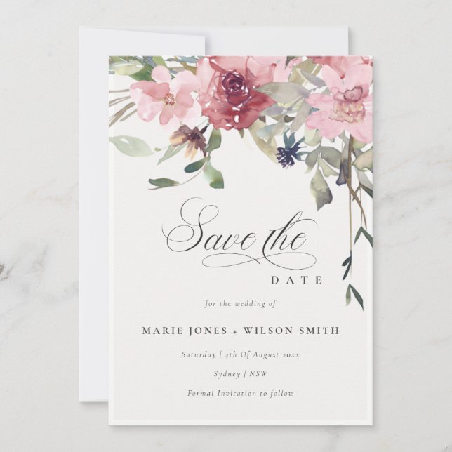 Elegante Dusky Blush Rose Save the Date Karte (Vorderseite)