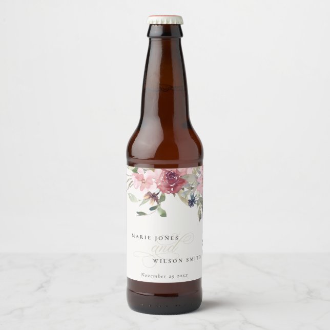 Elegante Dusky Blush Rose Wildblume Blumenzwiese Bierflaschenetikett (Vorderseite)
