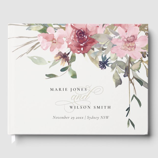 Elegante Dusky Blush Rose Wildblume Blumenzwiese Gästebuch (Vorderseite)