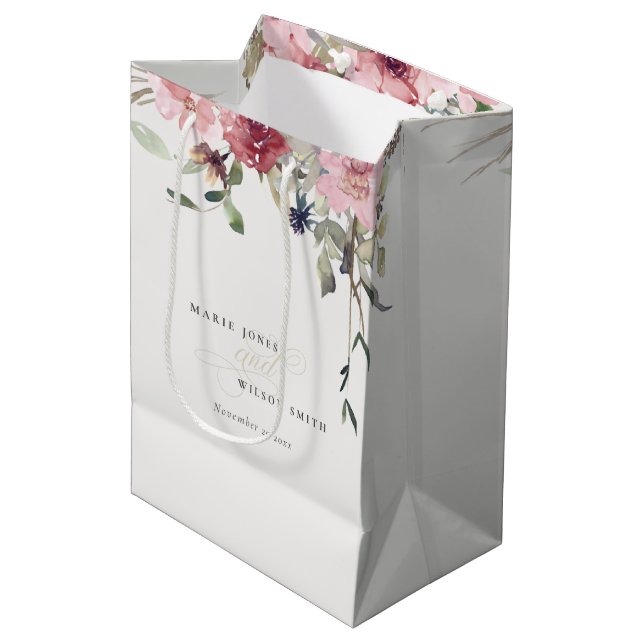 Elegante Dusky Blush Rose Wildblume Blumenzwiese Mittlere Geschenktüte (Vorderseite Schrägansicht)
