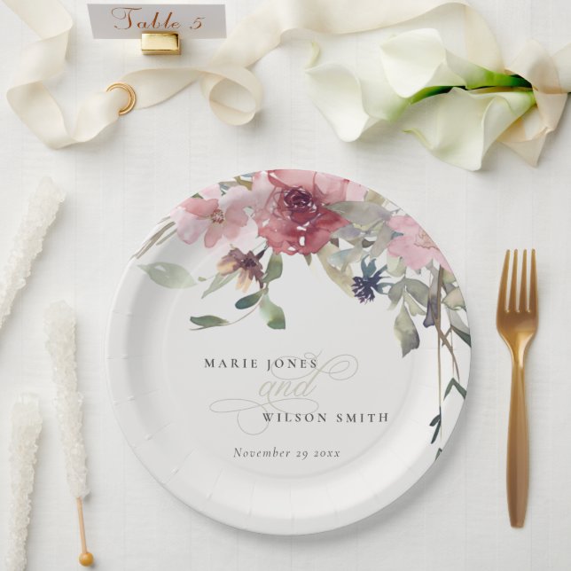 Elegante Dusky Blush Rose Wildblume Blumenzwiese Pappteller (Hochzeit)