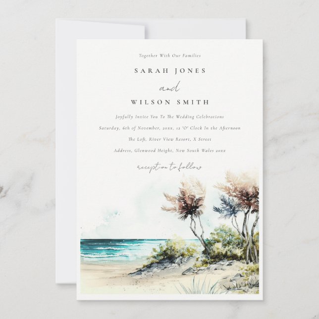 Elegante dusky Coastal Palm Beach Seascape Wedding Einladung (Vorderseite)