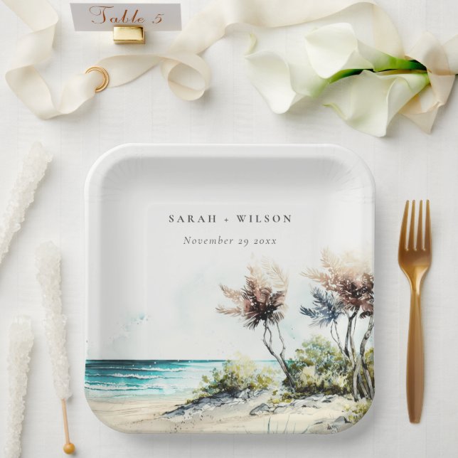 Elegante dusky Coastal Palm Beach Seascape Wedding Pappteller (Hochzeit)