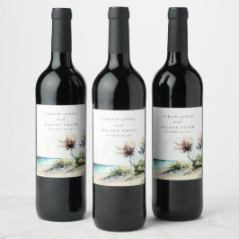 Elegante dusky Coastal Palm Beach Seascape Wedding Weinetikett