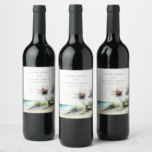 Elegante dusky Coastal Palm Beach Seascape Wedding Weinetikett (Flaschen)