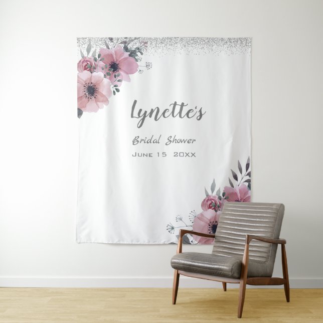 Elegante Dusky Rose Silver Glitzer Brautparty Wandteppich (Beispiel)