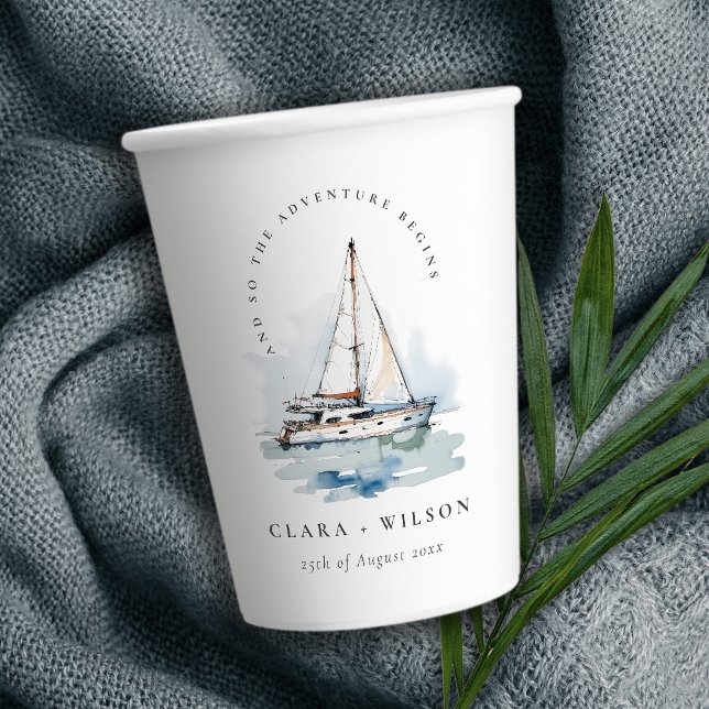 Elegante Dusky Sailboat Seascape Wedding Pappbecher (Von Creator hochgeladen)