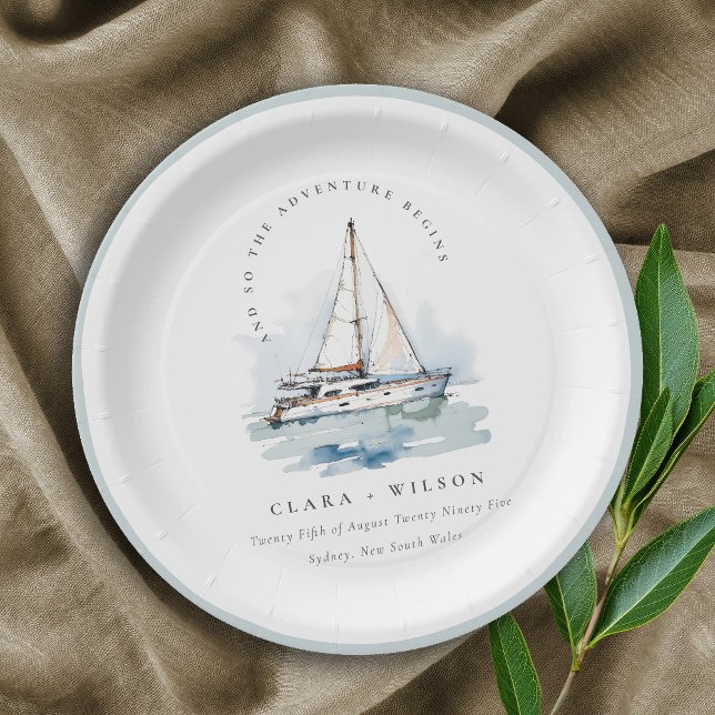 Elegante Dusky Sailboat Seascape Wedding Pappteller (Von Creator hochgeladen)