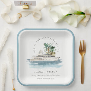 Elegante Dusky Schifffahrt Palm Seascape Hochzeit Pappteller