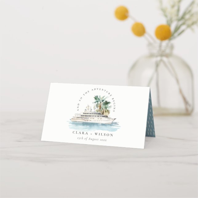Elegante Dusky Schifffahrt Palm Seascape Hochzeit Platzkarte (Vorderseite)