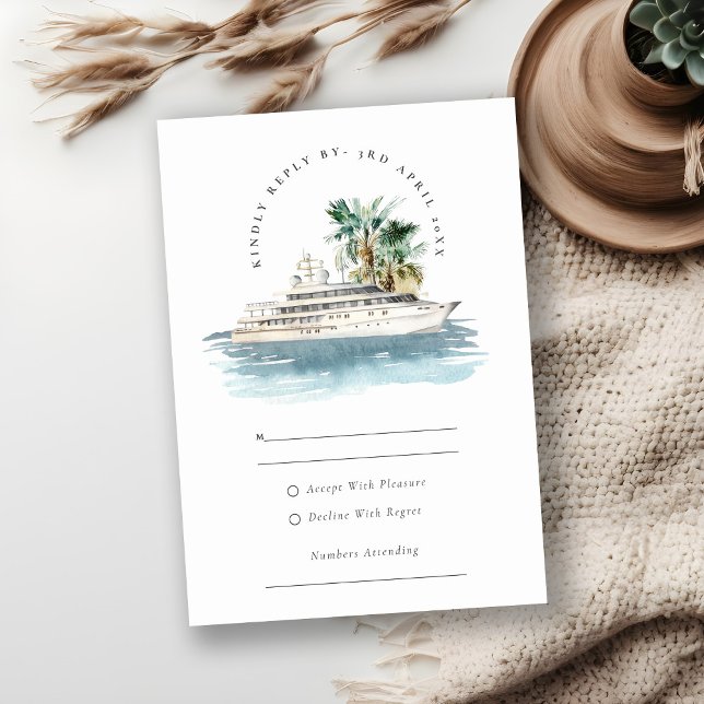 Elegante Dusky Schifffahrt Palm Seascape Hochzeit RSVP Karte (Von Creator hochgeladen)