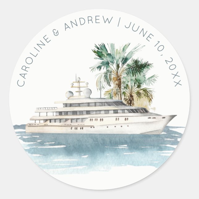 Elegante Dusky Schifffahrt Palm Seascape Hochzeit Runder Aufkleber (Vorderseite)