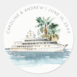 Elegante Dusky Schifffahrt Palm Seascape Hochzeit Runder Aufkleber