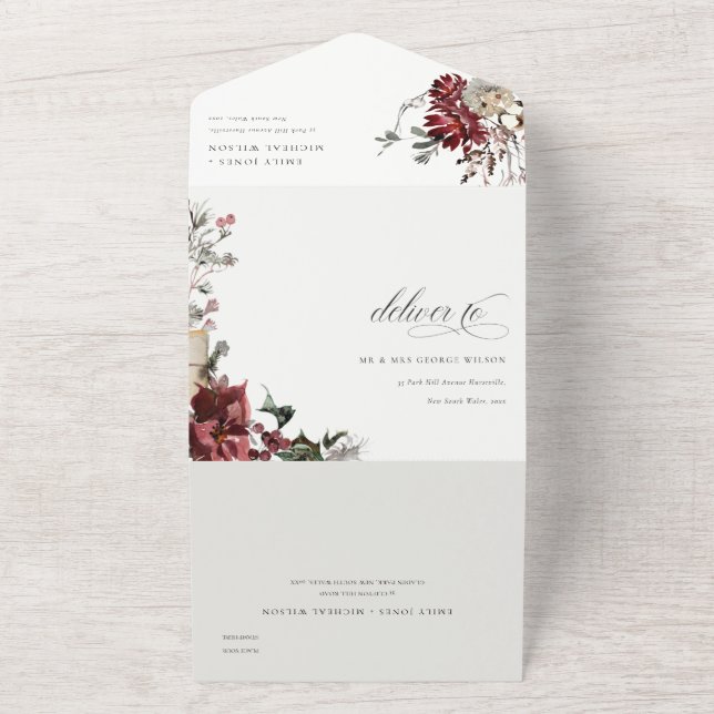 Elegante dusky Warm Winter Festivals Hochzeit All In One Einladung (Außenbereich)