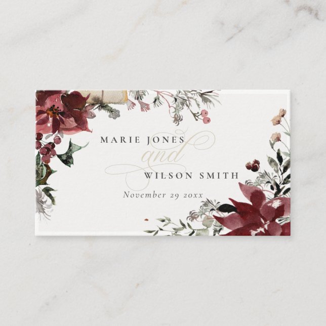 Elegante dusky Warm Winter Festivals Hochzeit Platzkarte (Vorderseite)