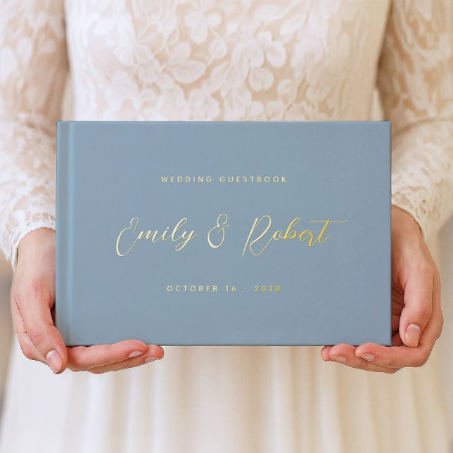 Elegante Dusty Blue and Gold Calligraphy Wedding Gästebuch (Von Creator hochgeladen)