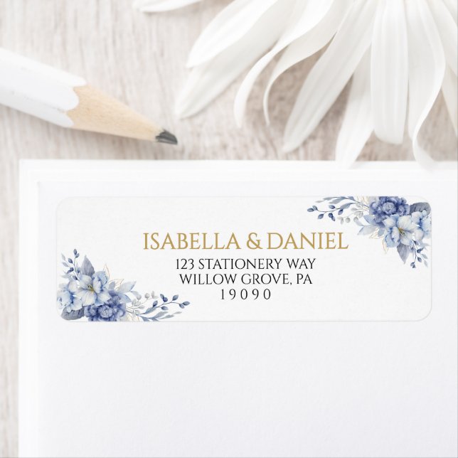Elegante Dusty Blue and Gold Floral Rücksendeadres (Insitu)