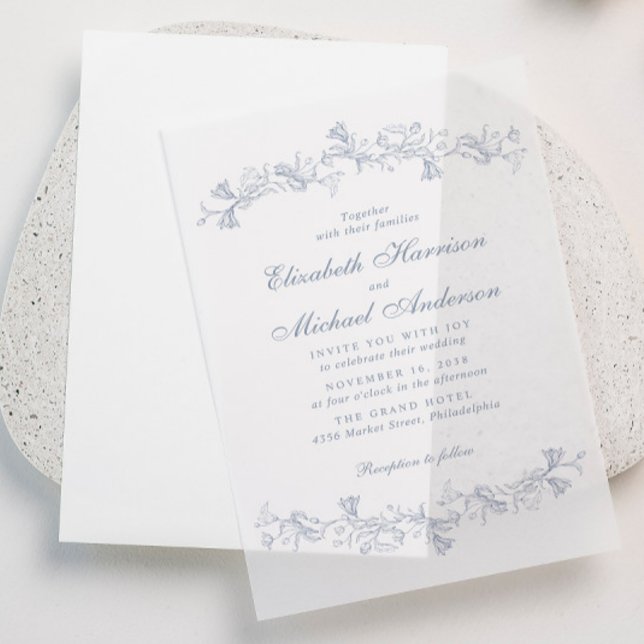 Elegante Dusty Blue Chinoiserie Watercolor Hochzei (Elevate your wedding invitations with the timeless beauty of vellum overlays)