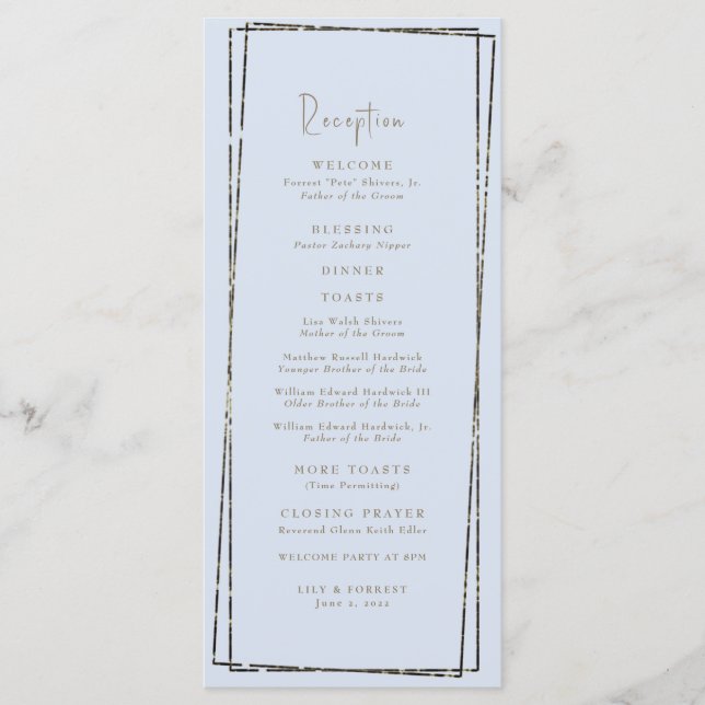 Elegante Dusty Blue Empfang Wedding Toasts Menükarte (Vorderseite)