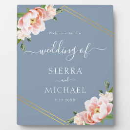 Elegante Dusty Blue Floral Blush Gold Wedding Fotoplatte