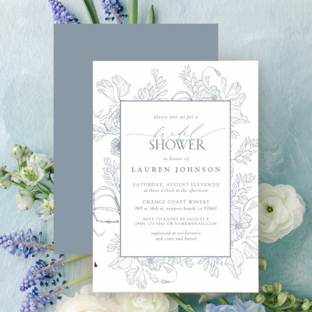 Elegante Dusty Blue Floral Line Brautparty Einladung (Bridal Shower Invitation)
