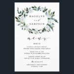 Elegante Dusty Blue Floral Wedding Menu Cards<br><div class="desc">Die Einrichtung besteht aus eleganten Aquarelltönen, die in den Farbtönen von staubfreiem Blau, Stahl, Nebel und mehr über einem bemalten Kranz gehalten sind. Sie können den Rücken in Weiß ändern, wenn Sie es vorziehen. Sie können dieses Menü auch vollständig an Ihre eigenen Schriftart-Auswahl, Größen, Farben und mehr anpassen oder die...</div>