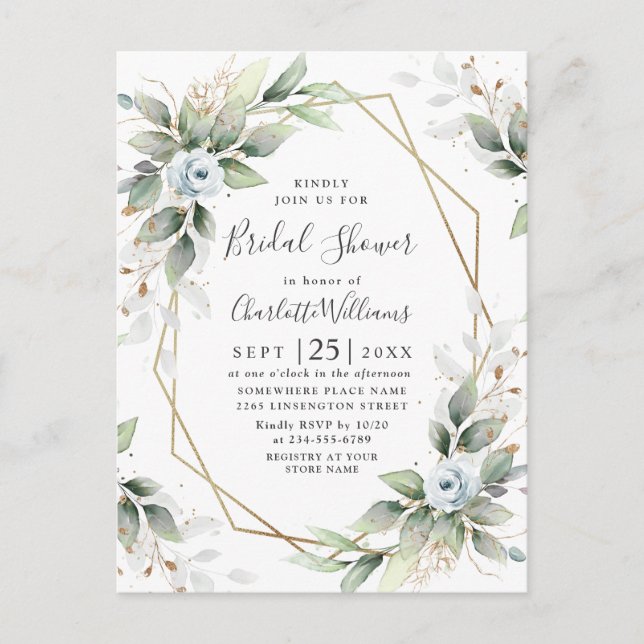 Elegante Dusty Blue Foliage Brautparty Card Postkarte (Vorderseite)