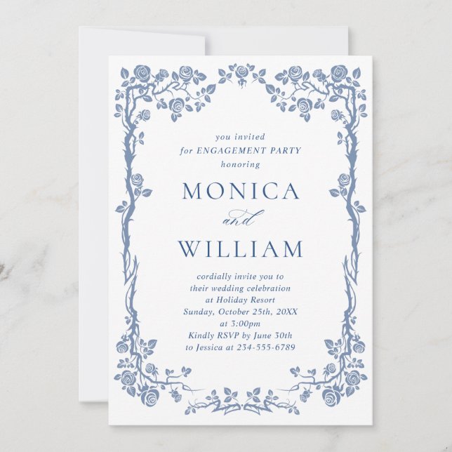 Elegante Dusty Blue French Garden ENGAGEMENT PARTY Einladung (Vorderseite)