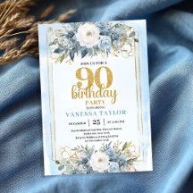 Elegante Dusty Blue Gold 90. Geburtstagsfeier Einl