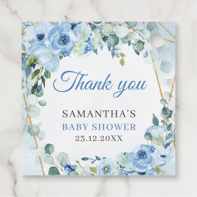 Elegante Dusty Blue Gold Rahmen Floral Baby Dusche Geschenkanhänger (Rückseite)