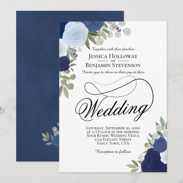Elegante dusty Blue & Navy Rustikale Blumenhochzei Einladung (Vorne/Hinten)