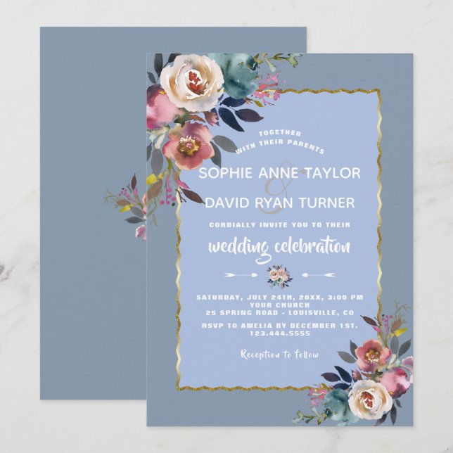Elegante Dusty Blue Pink Floral Gold Frame Wedding Einladung (Vorne/Hinten)